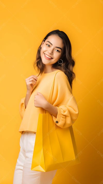  Linda mulher asiática com sacolas de compras na frente de fundo amarelo