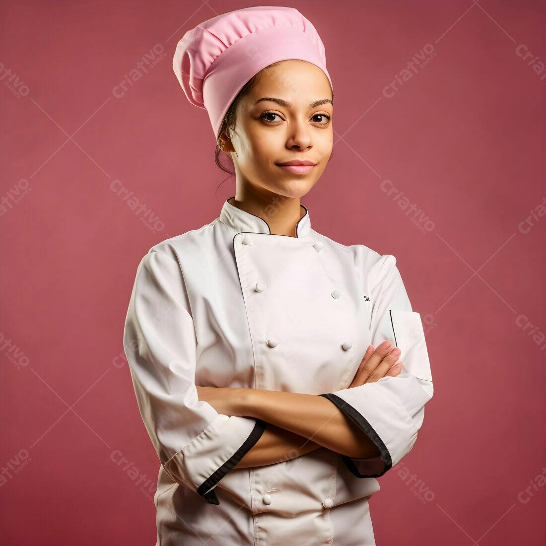 Chef mulher com uniforme branco e chapéu rosa