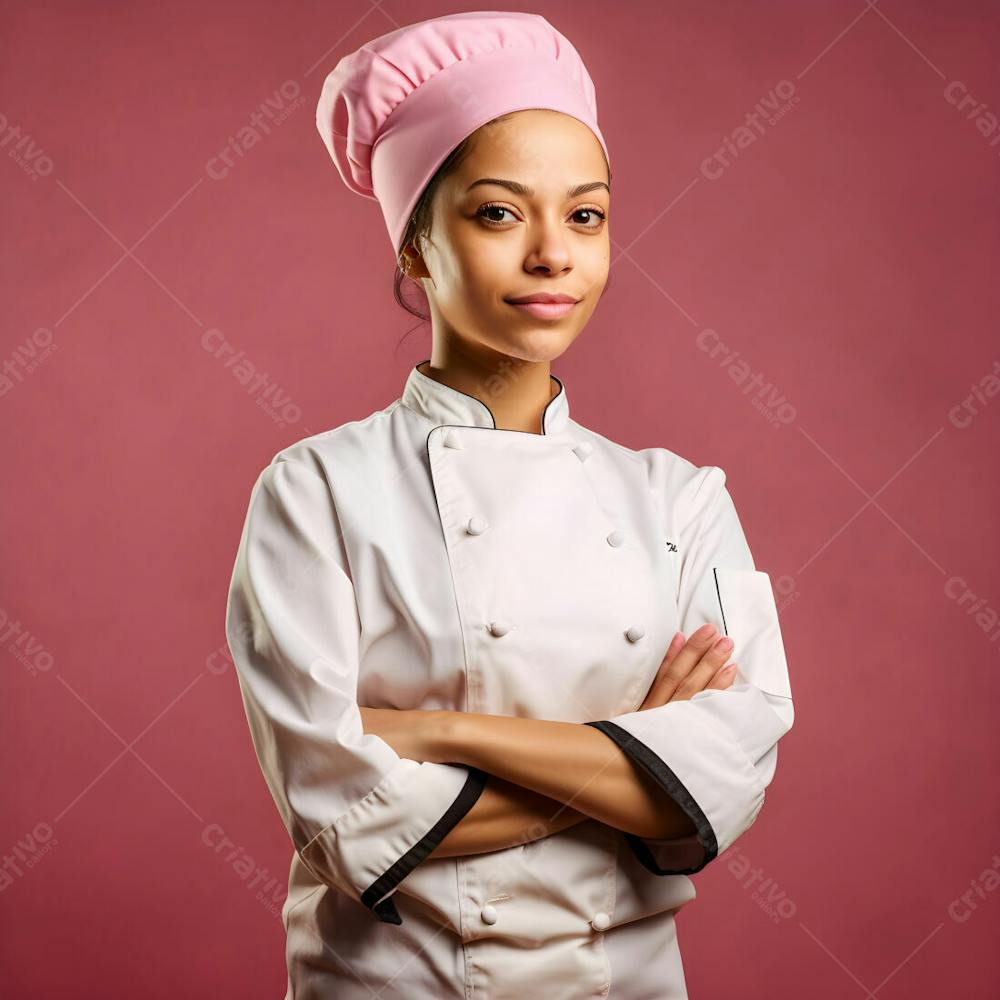 Jovem cozinheira caucasiana confiante em uniforme de chef cruza os braços