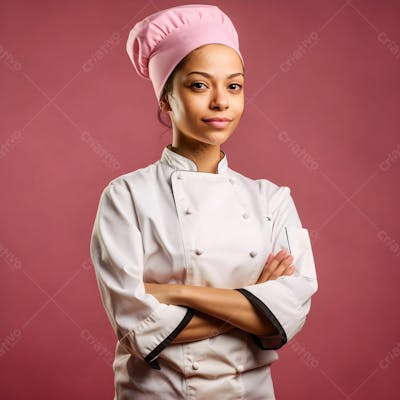  Jovem cozinheira caucasiana confiante em uniforme de chef cruza os braços