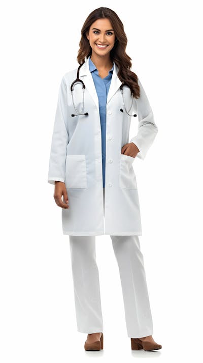 Retrato de jovem médica com jaleco branco