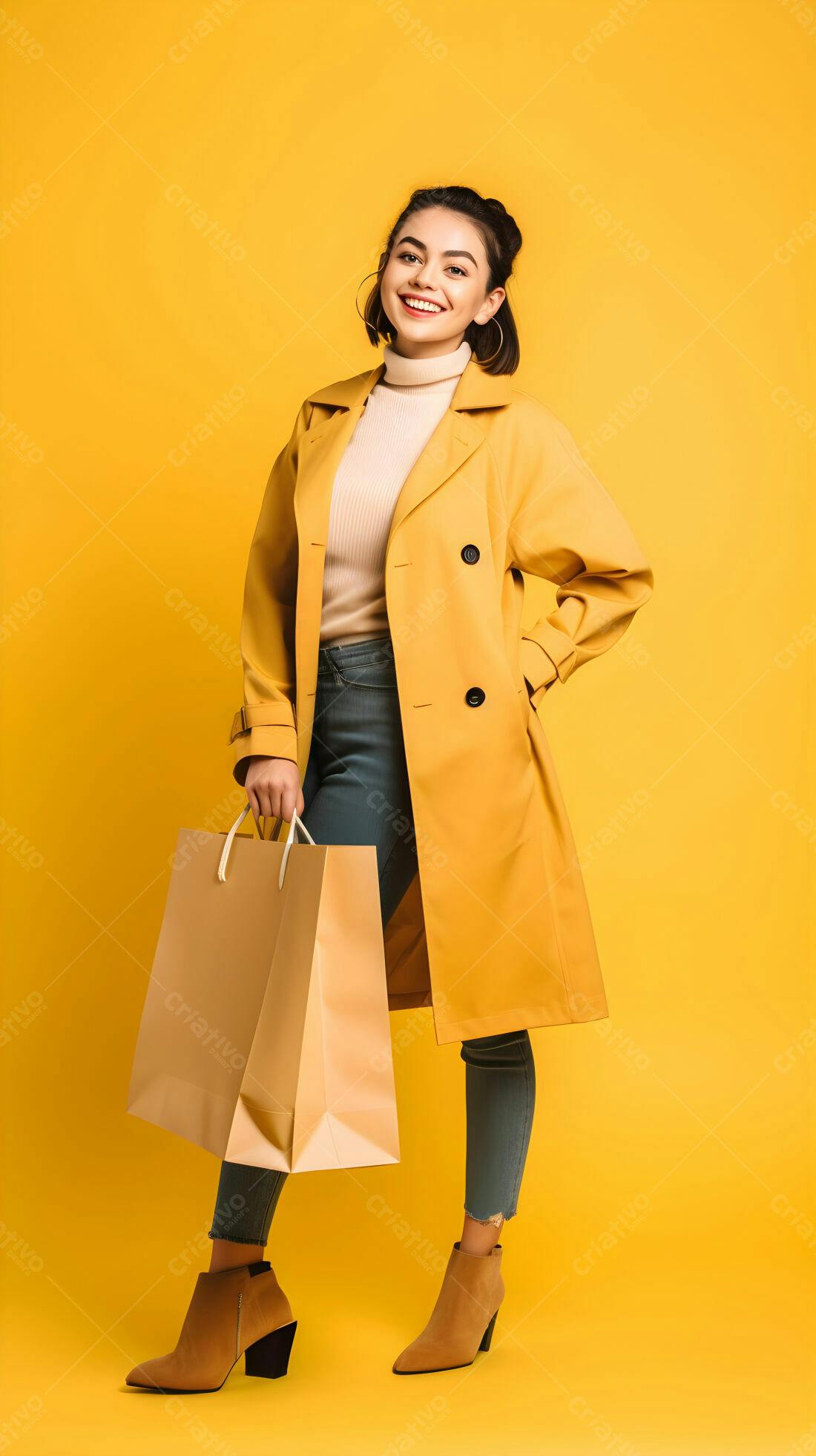 Mulher sorridente com casaco amarelo e sacolas de compras