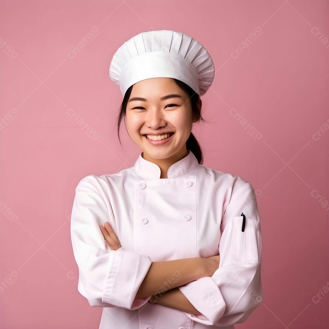 Chef asiática sorridente com uniforme rosa