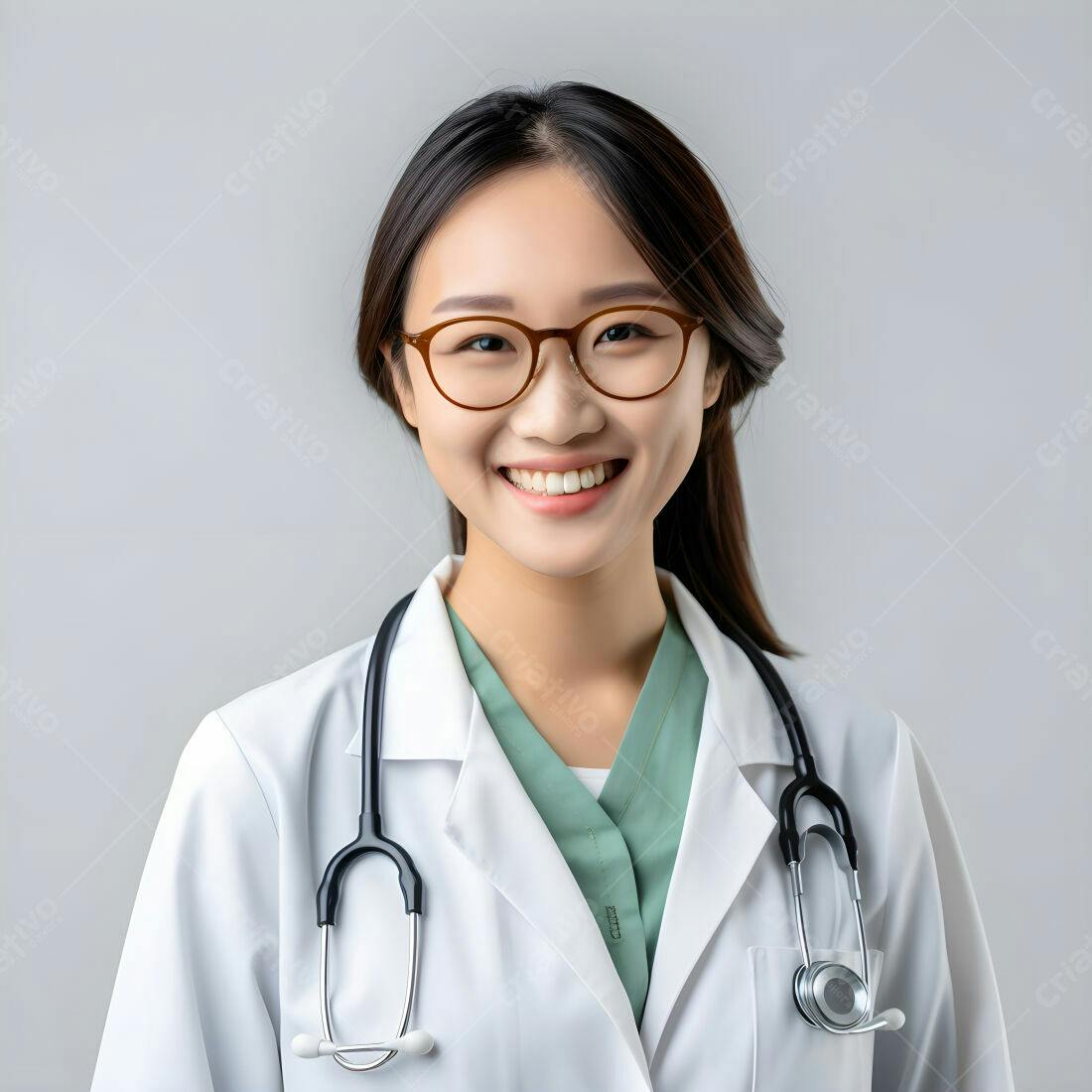 Médica asiática sorridente com jaleco