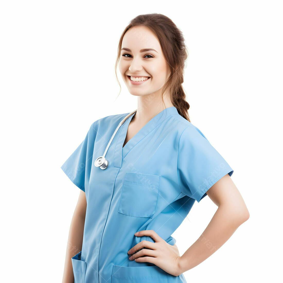 Médica sorridente uniforme azul claro