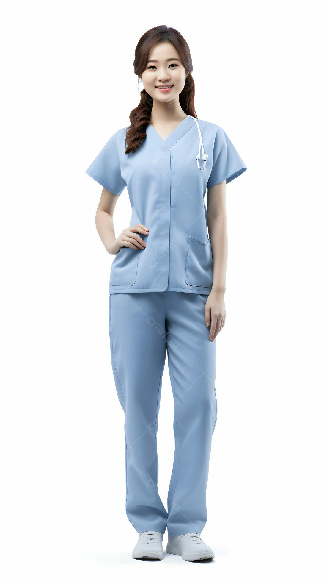 Médica asiática sorridente uniforme azul claro