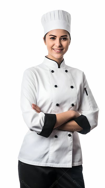 Jovem cozinheira caucasiana confiante em uniforme de chef cruza os braços na frente do fundo branco