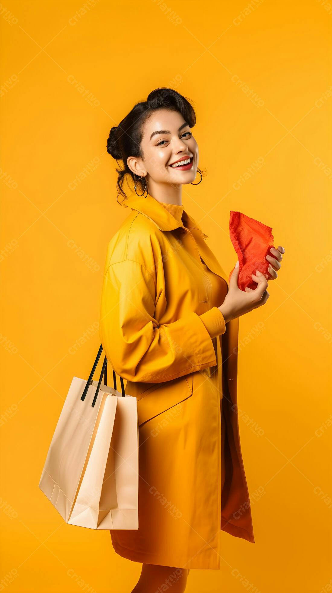 Mulher sorridente com compras fundo amarelo