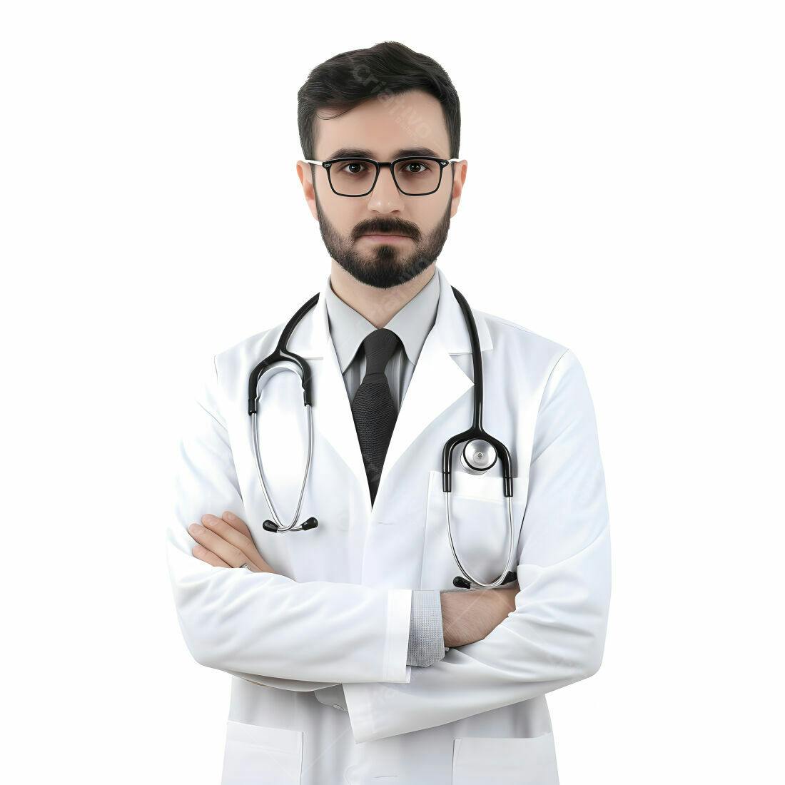 Médico com braços cruzados usando jaleco branco