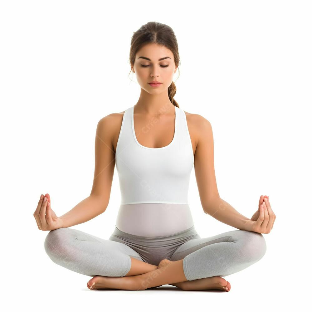 Conceito saudável e fitness Linda garota em roupas de fitness fazendo ioga e meditação isolada em fundo branco