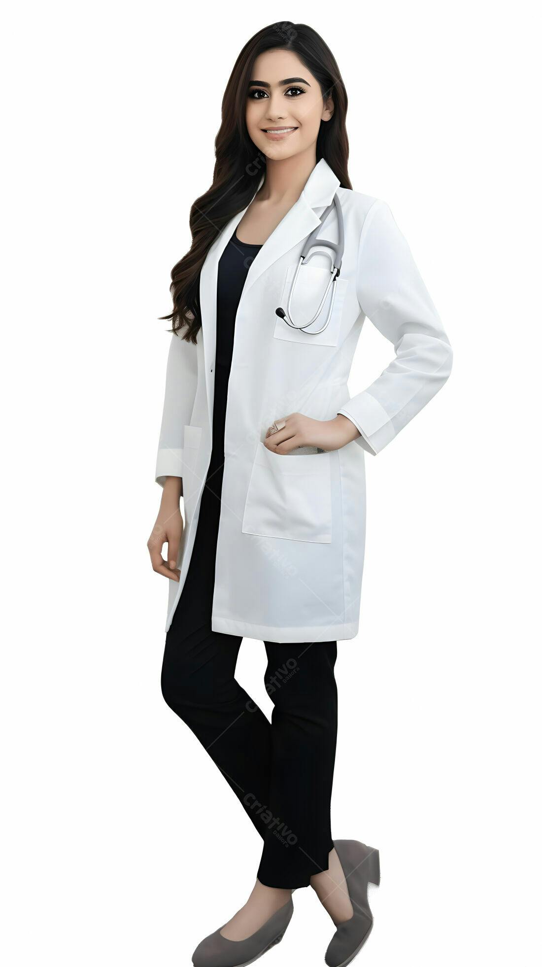 Médica sorridente usando jaleco branco