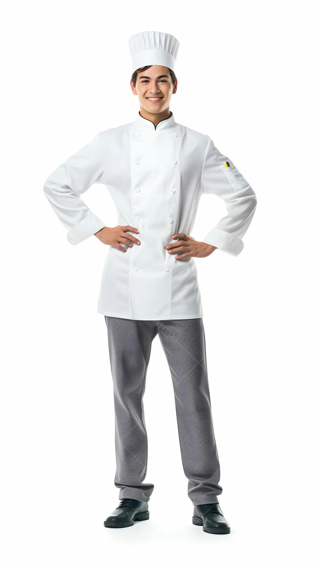 Chef jovem sorridente uniforme branco
