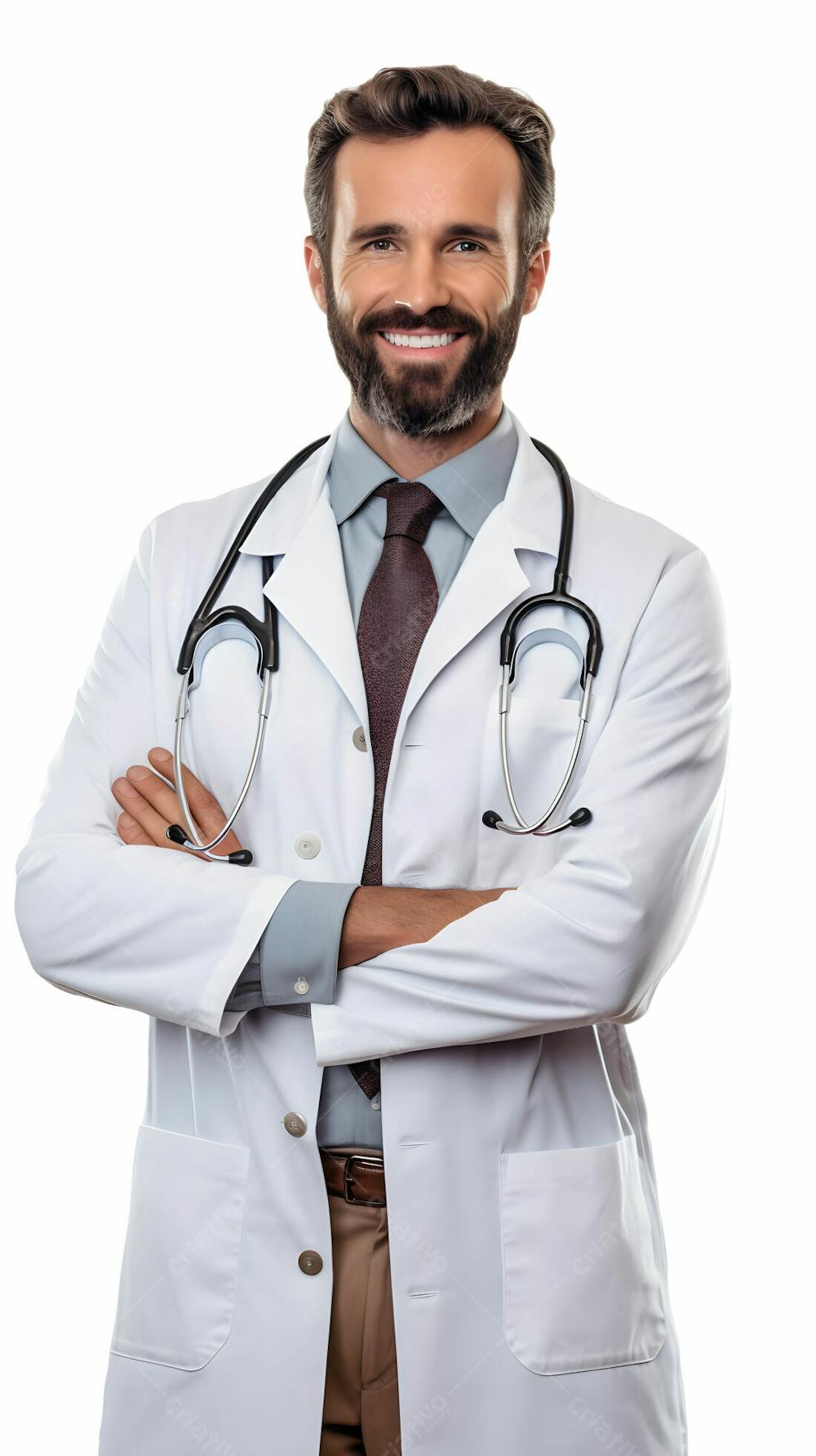  Retrato de um médico sorridente com os braços cruzados em pé contra um fundo branco