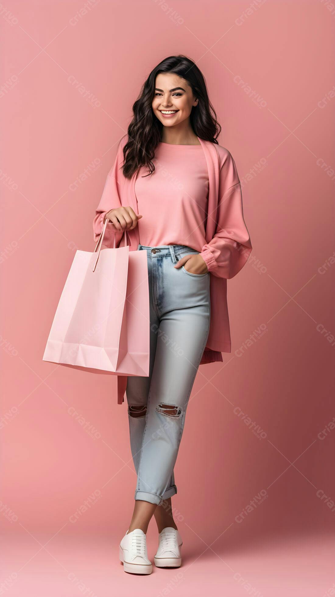 Mulher sorridente com bolsa rosa