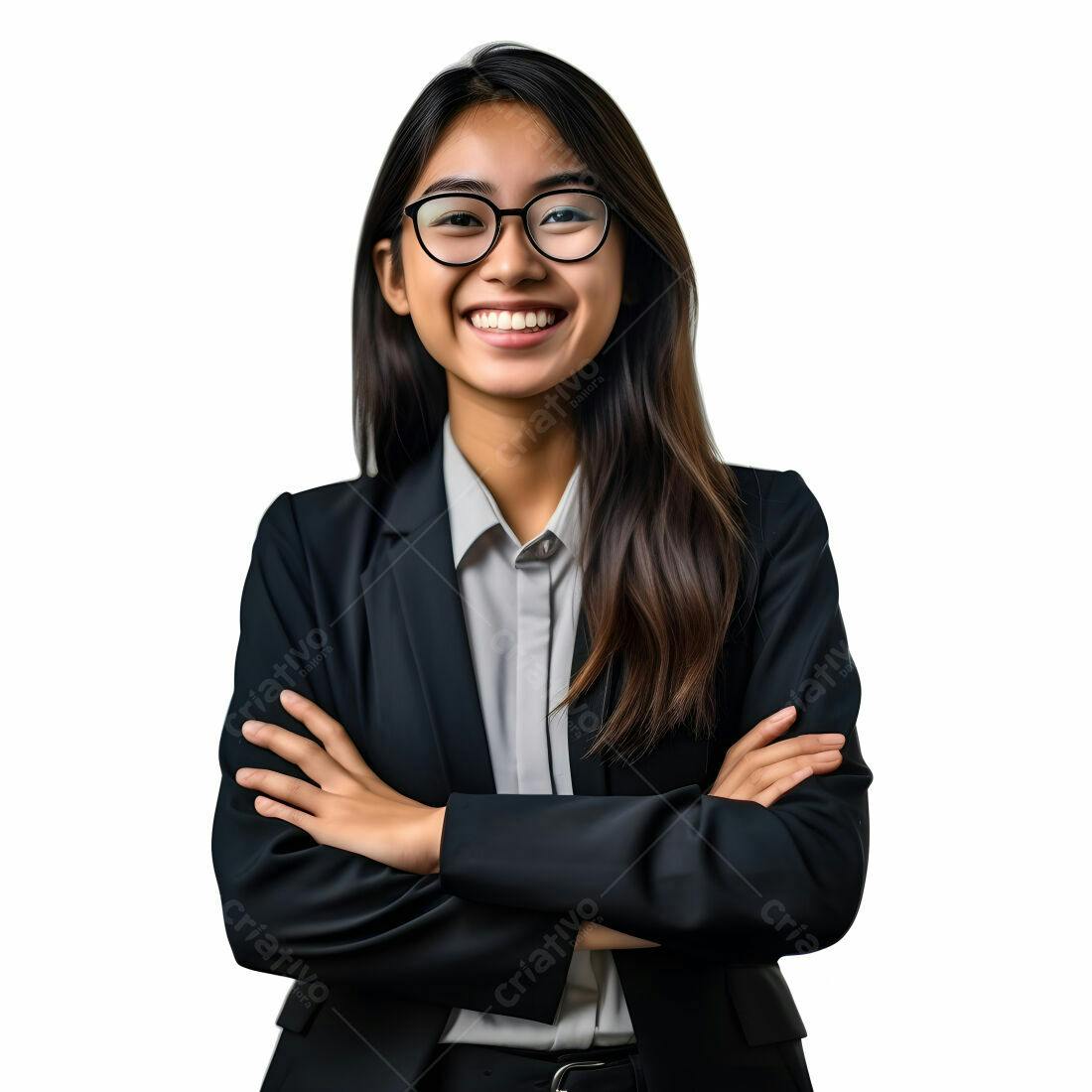 Mulher asiática sorridente em terno preto