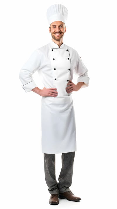 Retrato de um jovem chef bonito em pé contra um fundo branco