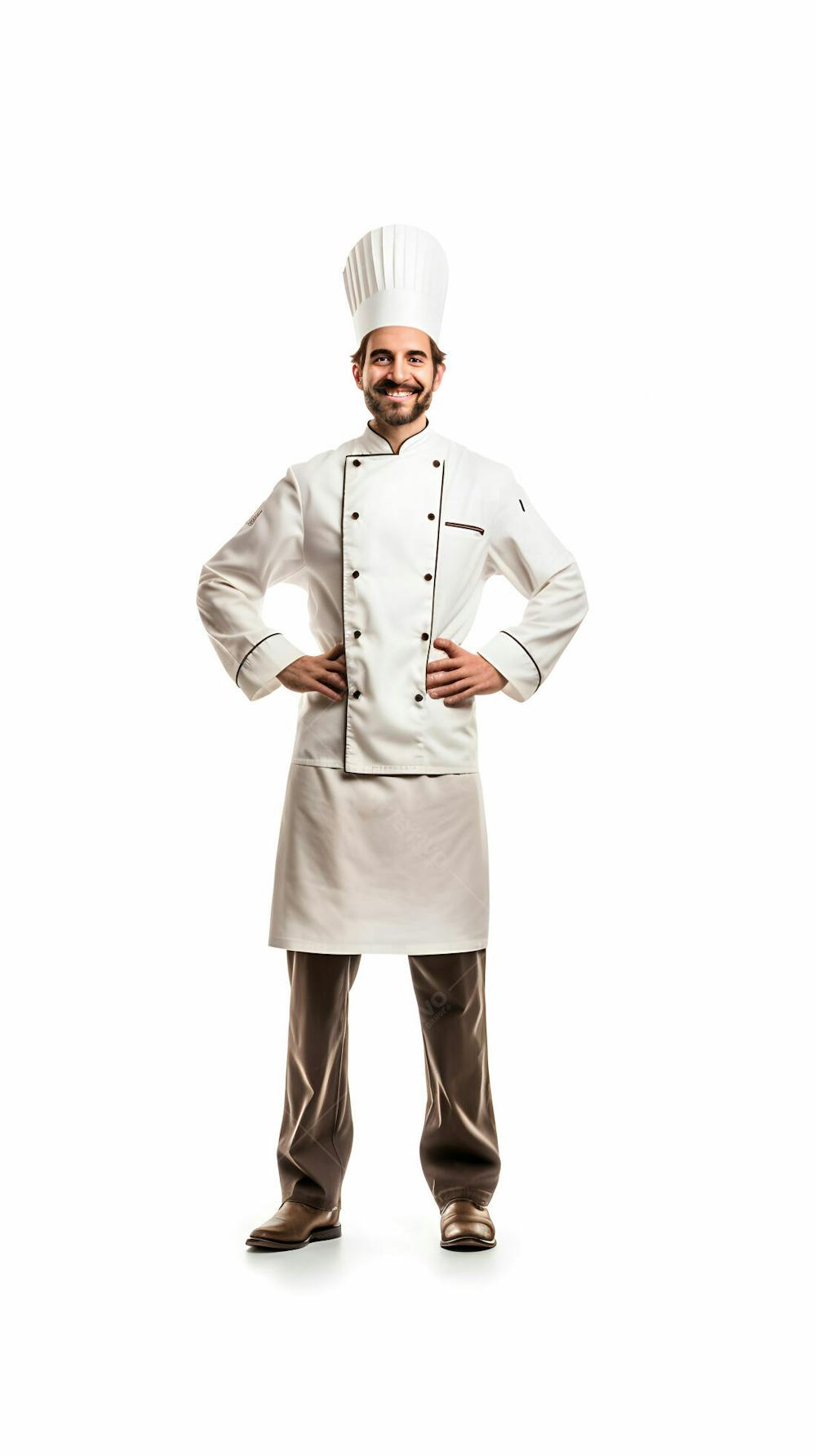 Retrato de um jovem chef bonito em pé contra um fundo branco