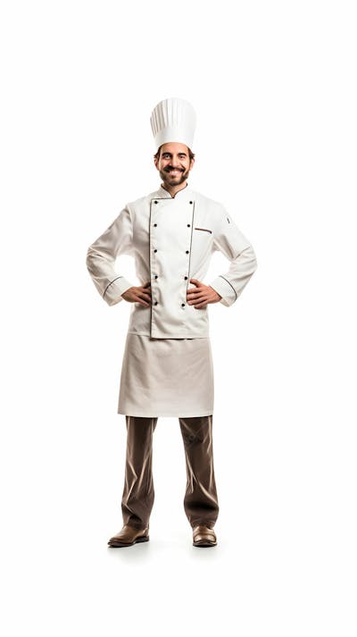 Retrato de um jovem chef bonito em pé contra um fundo branco