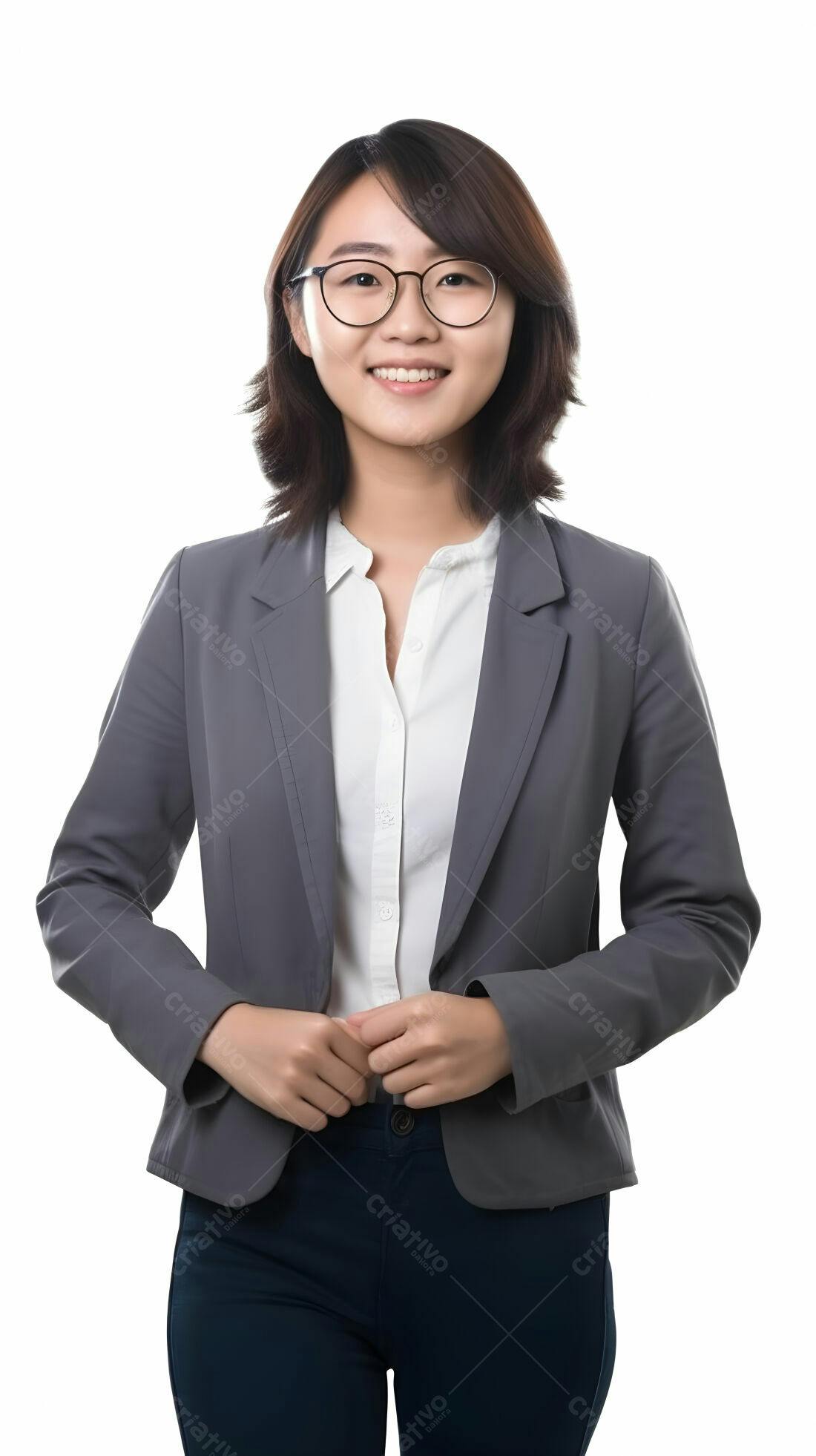 Mulher asiática sorridente em blazer cinza