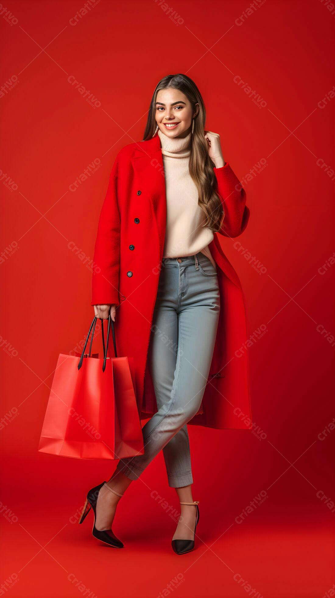 Modelo sorridente com casaco vermelho e sacolas de compras