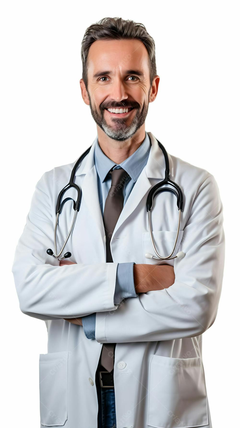  Retrato de um médico sorridente com os braços cruzados em pé contra um fundo branco