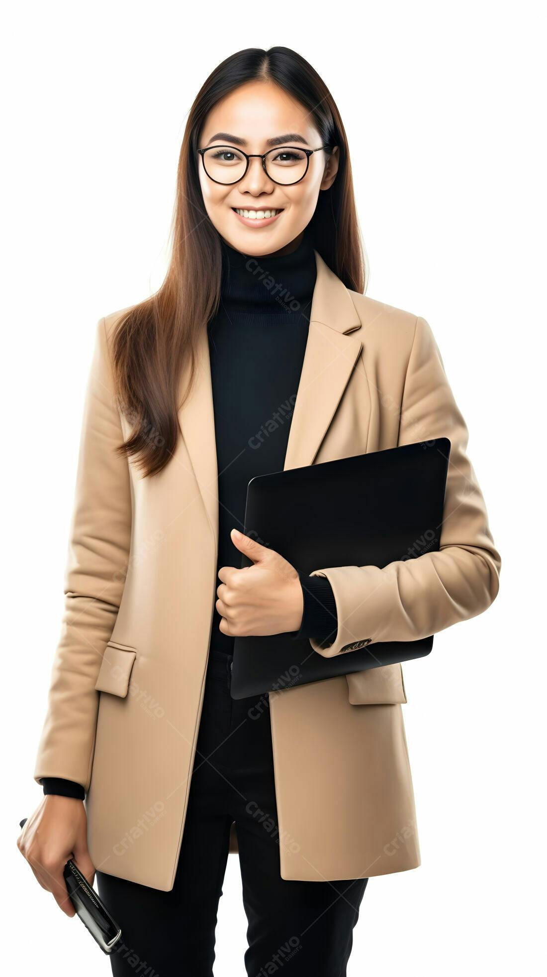 Mulher asiática sorridente com tablet bege