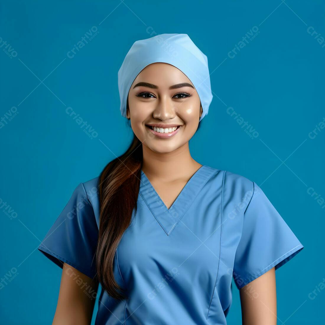 Médica sorridente uniforme azul fundo azul