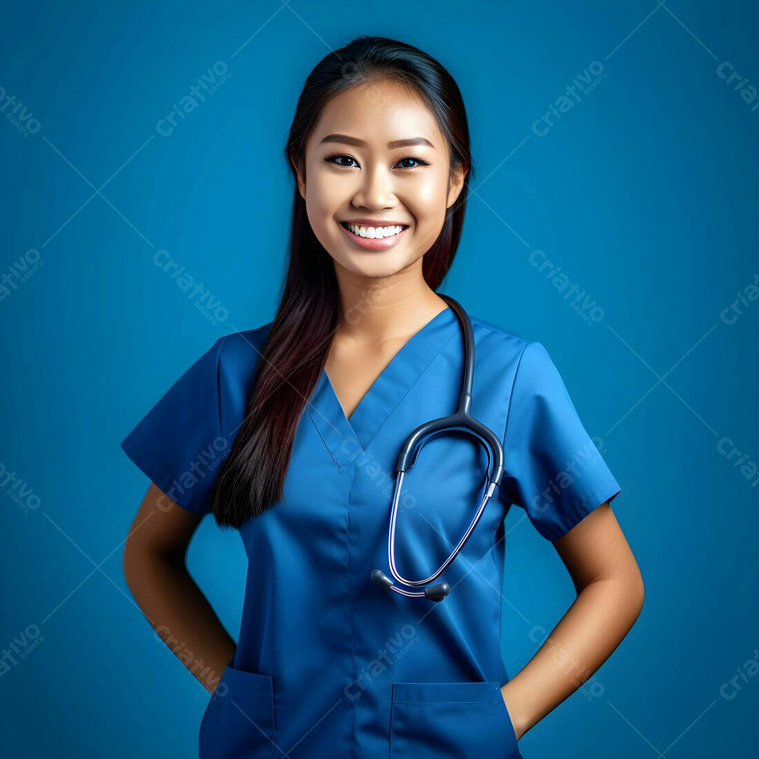 Médica asiática sorridente uniforme azul