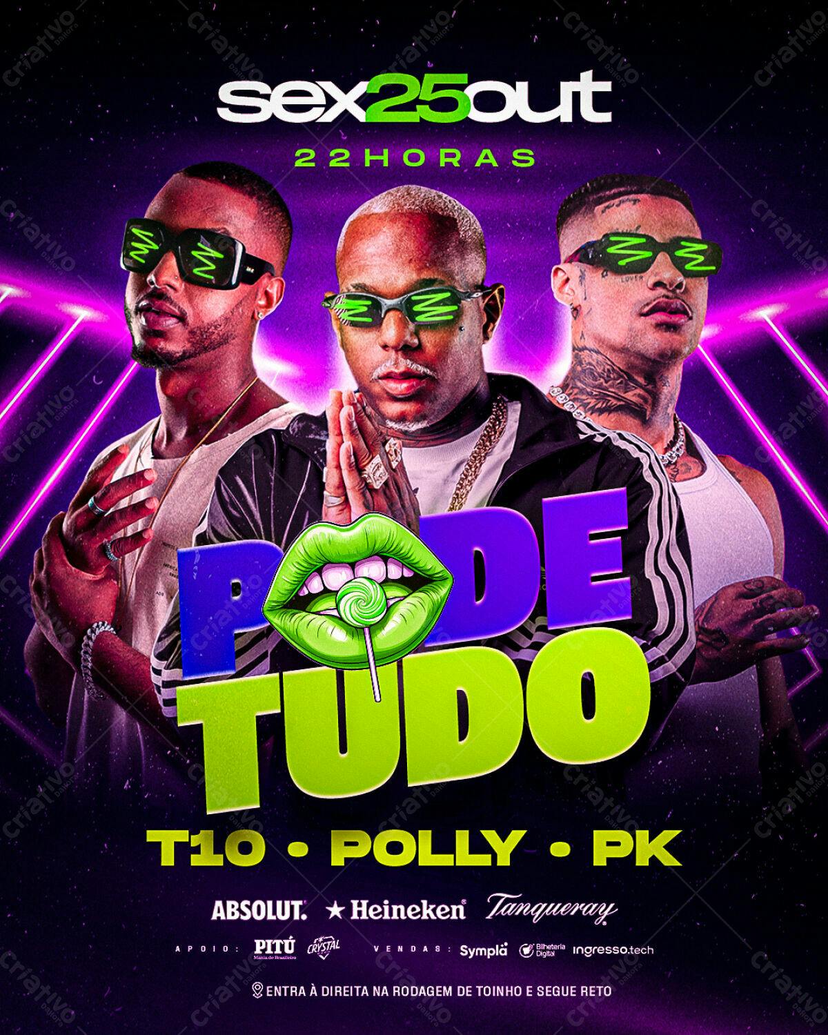 Flyer Festa Sex25out com T10, Polly e PK PSD Editável