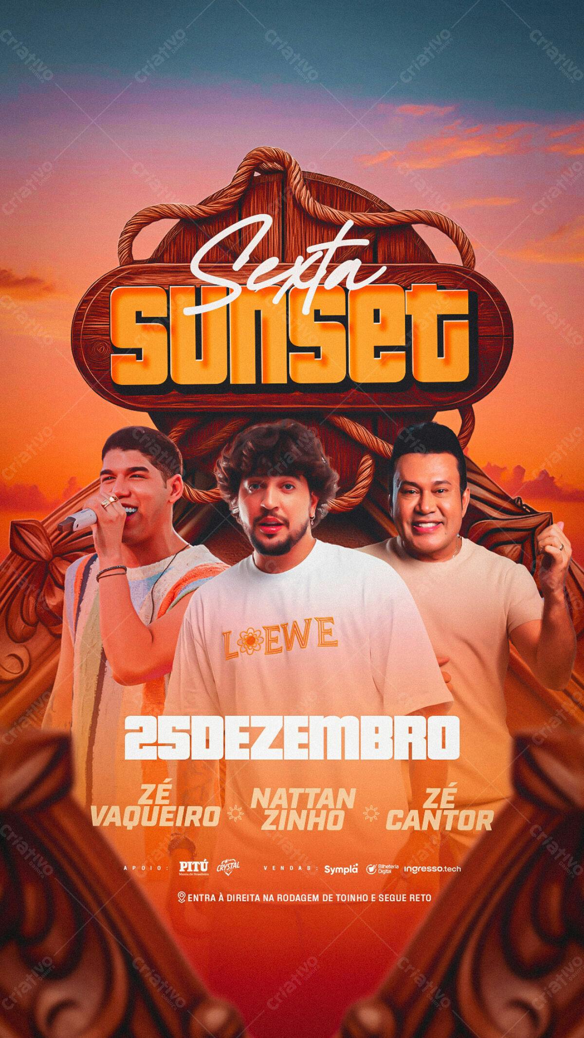 Flyer Festa Sunset com Zé Vaqueiro, Nattan Zinho e Zé Cantor PSD Editável
