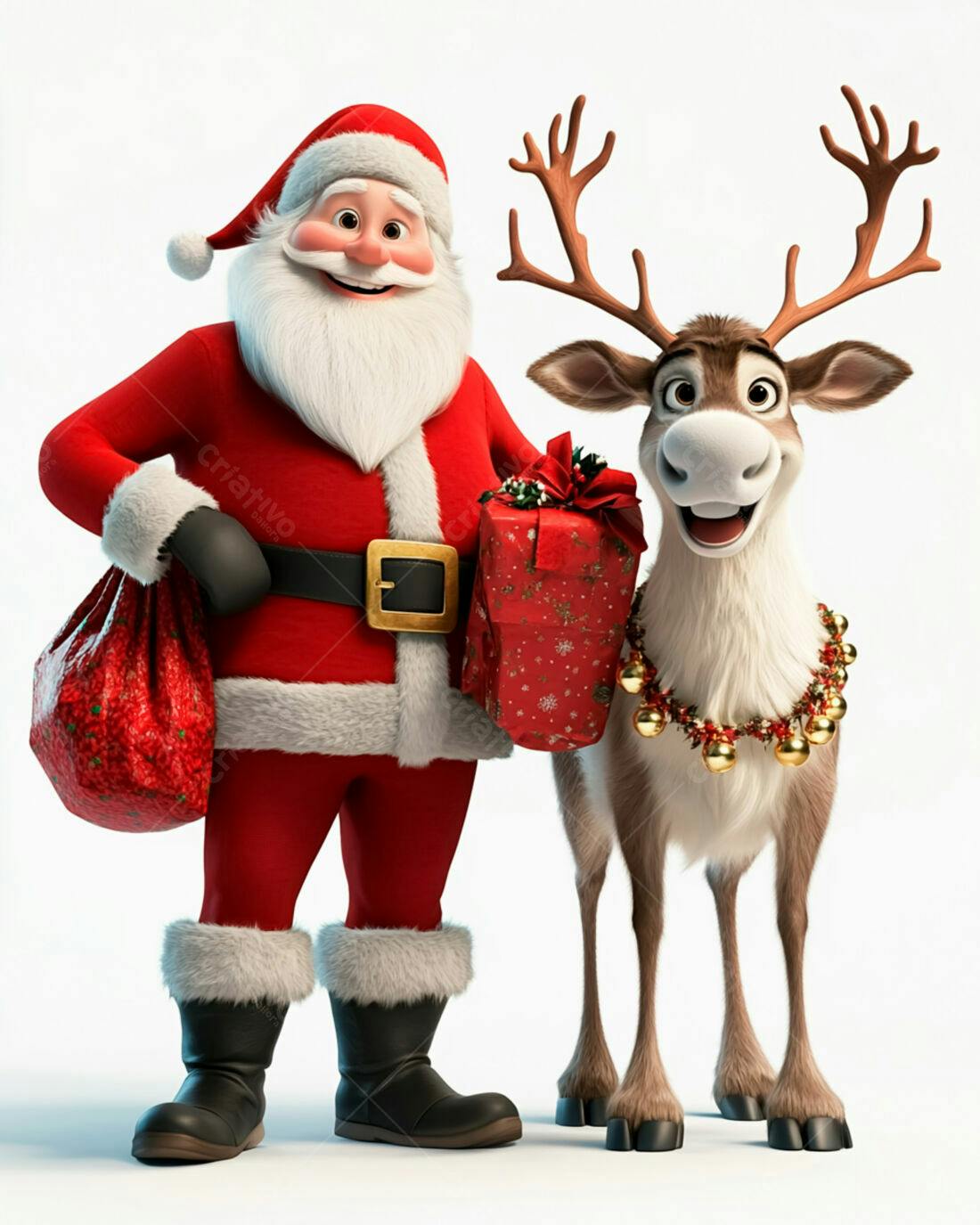 Papai Noel e rena com presentes de Natal