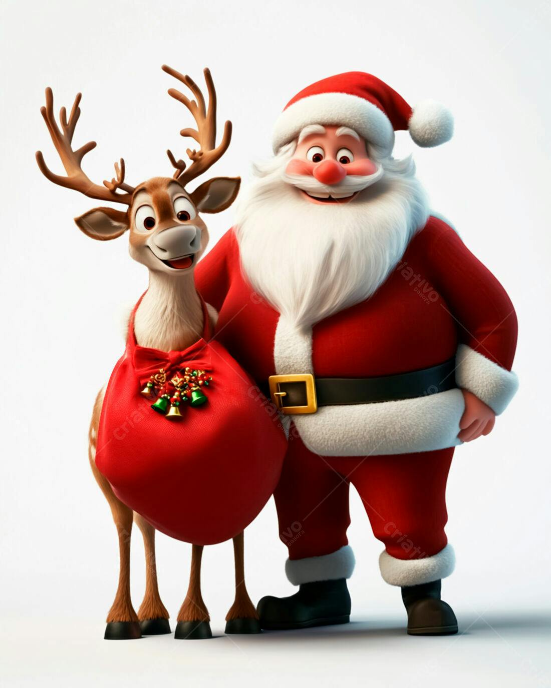 Papai Noel e Rena com Saco de Presentes Natal