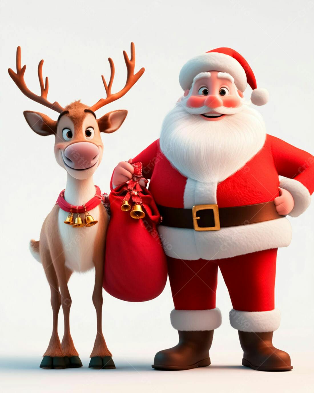 Papai Noel e rena com saco de presentes Natal