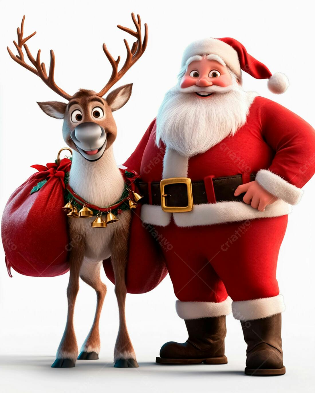 Papai Noel e rena com saco de presentes Natal