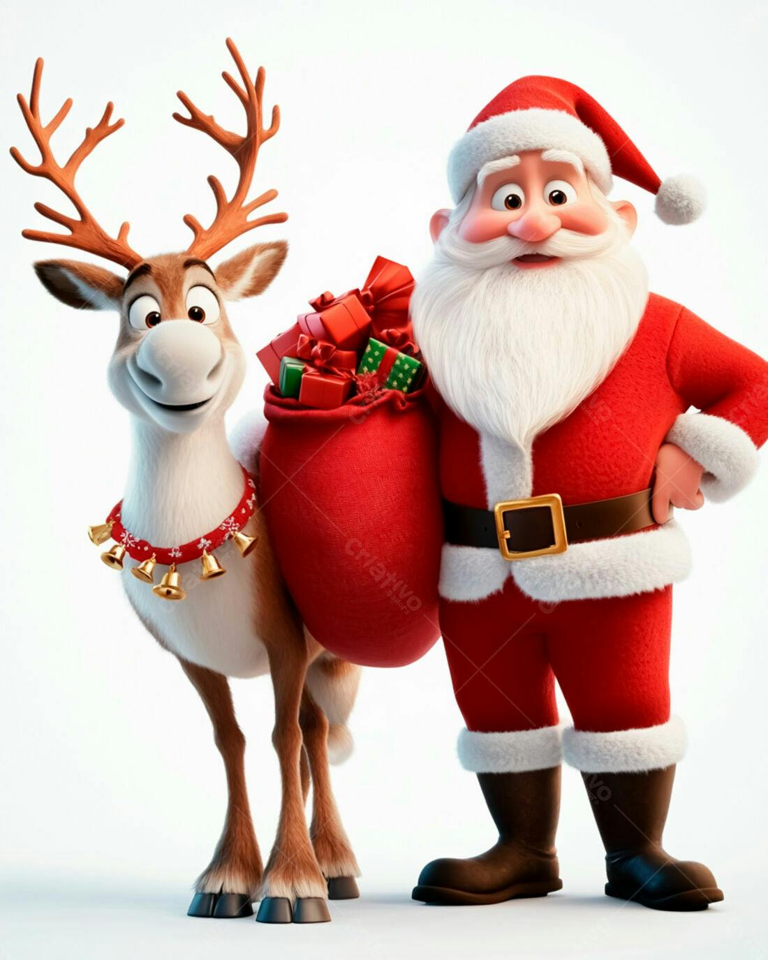 Papai Noel e rena com saco de presentes Natal