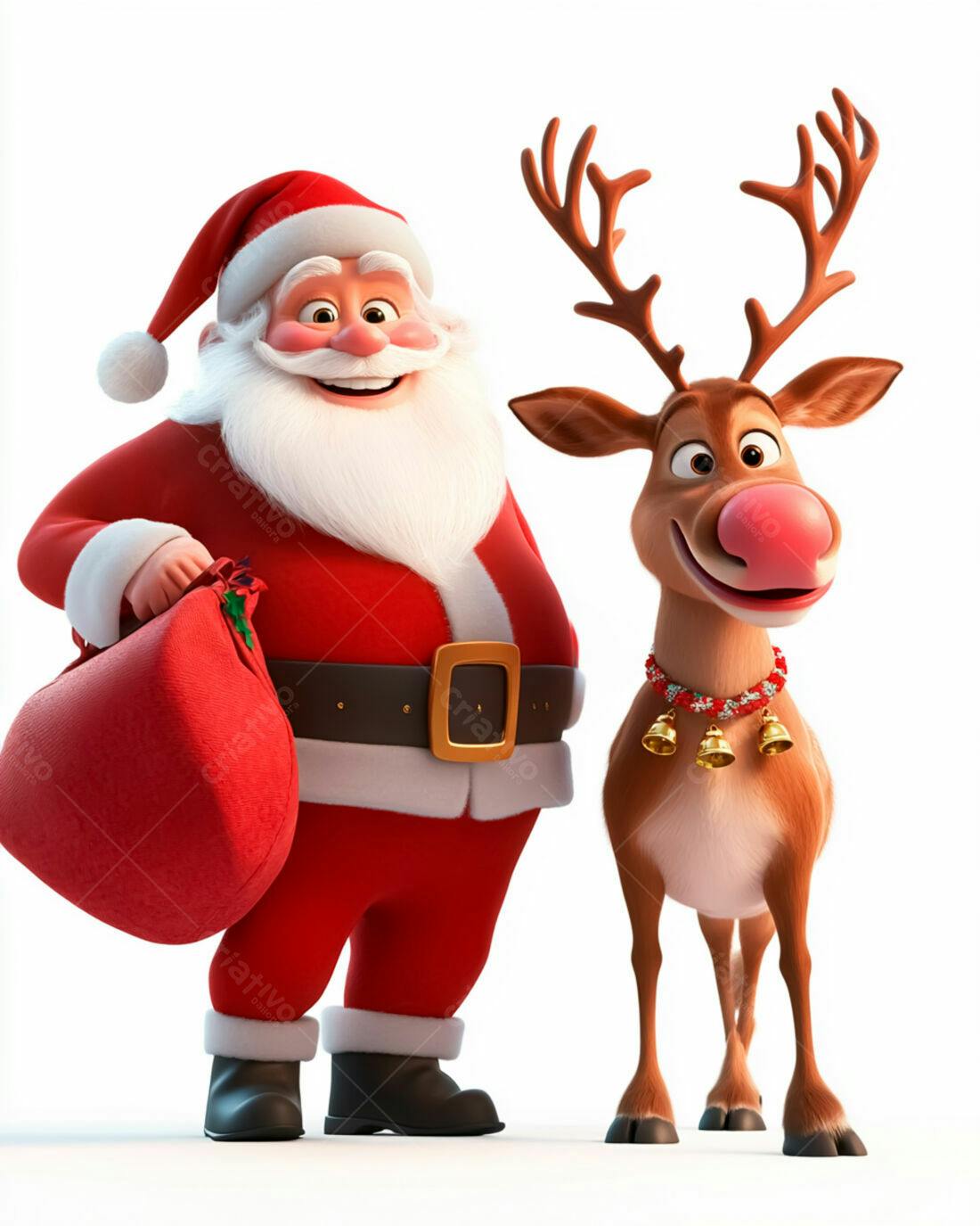 Papai Noel e Rena Natalinos Ilustração 3D