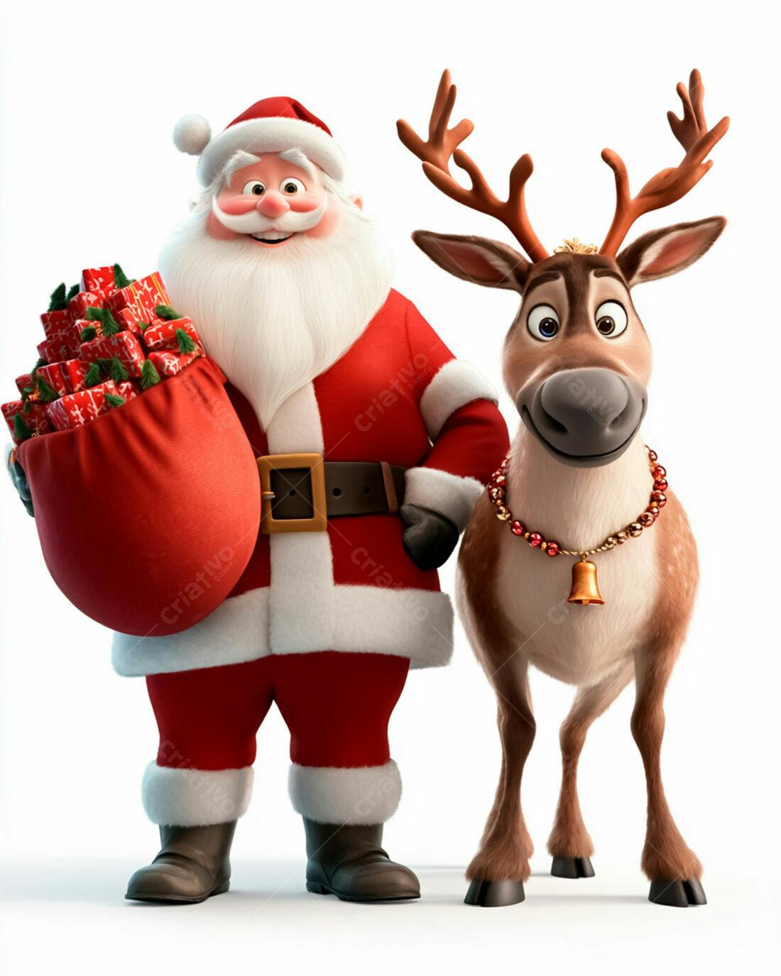 Papai Noel e rena com saco de presentes Natal