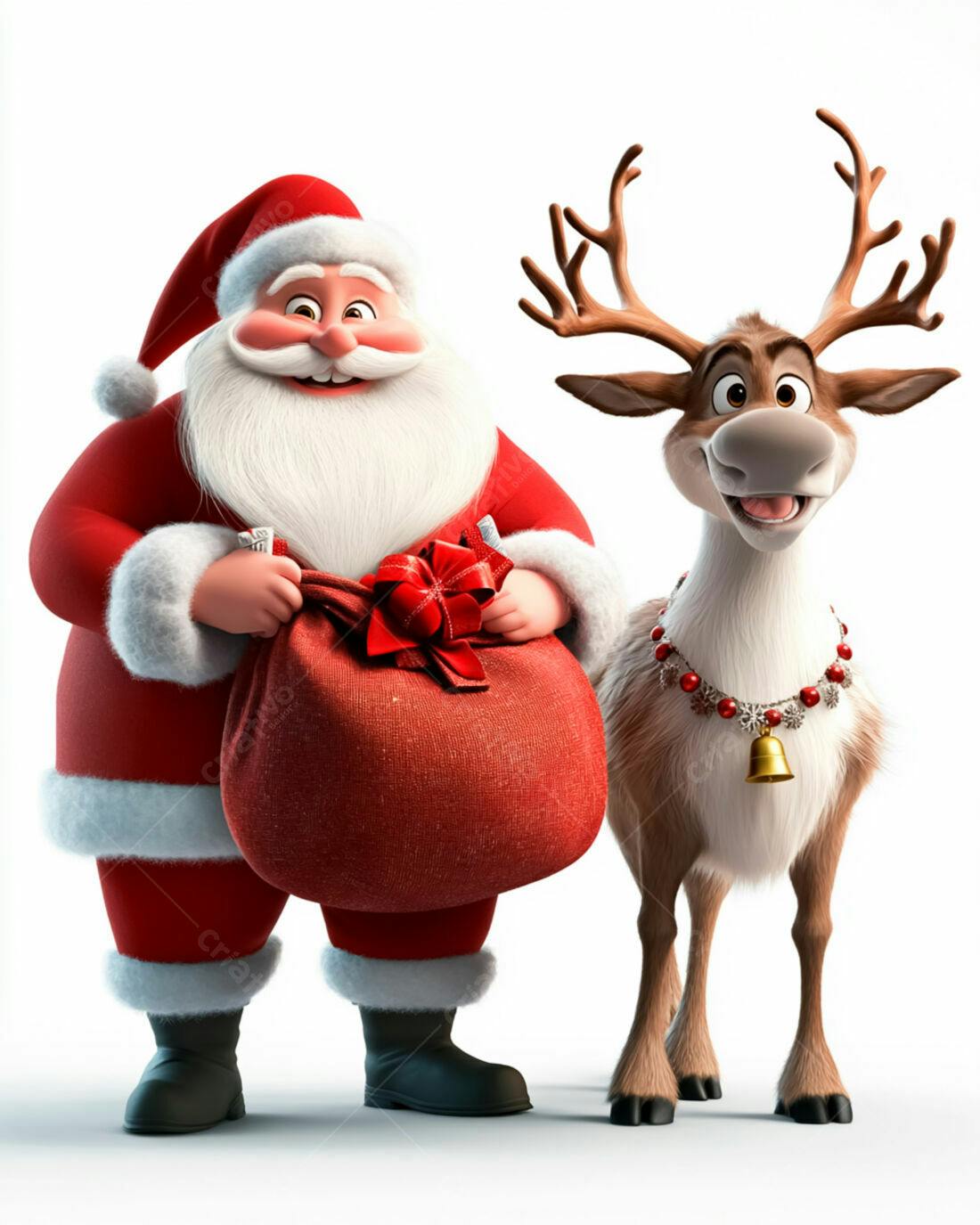 Papai Noel e Rena com Saco de Presentes Natal