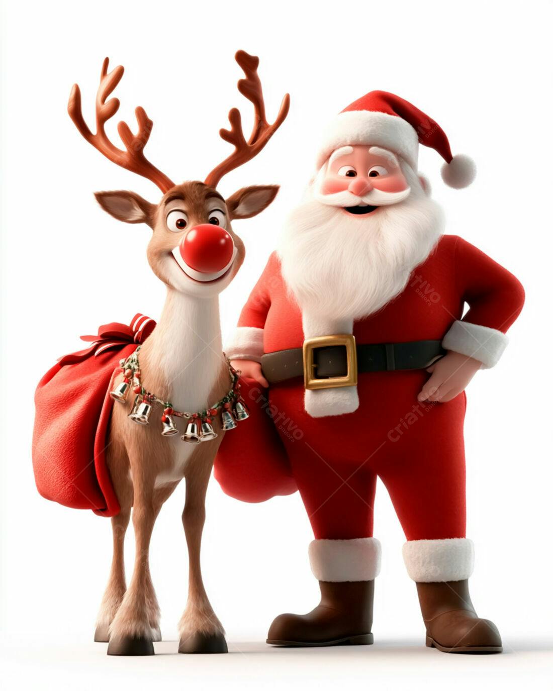 Papai Noel e rena com saco de presentes Natal