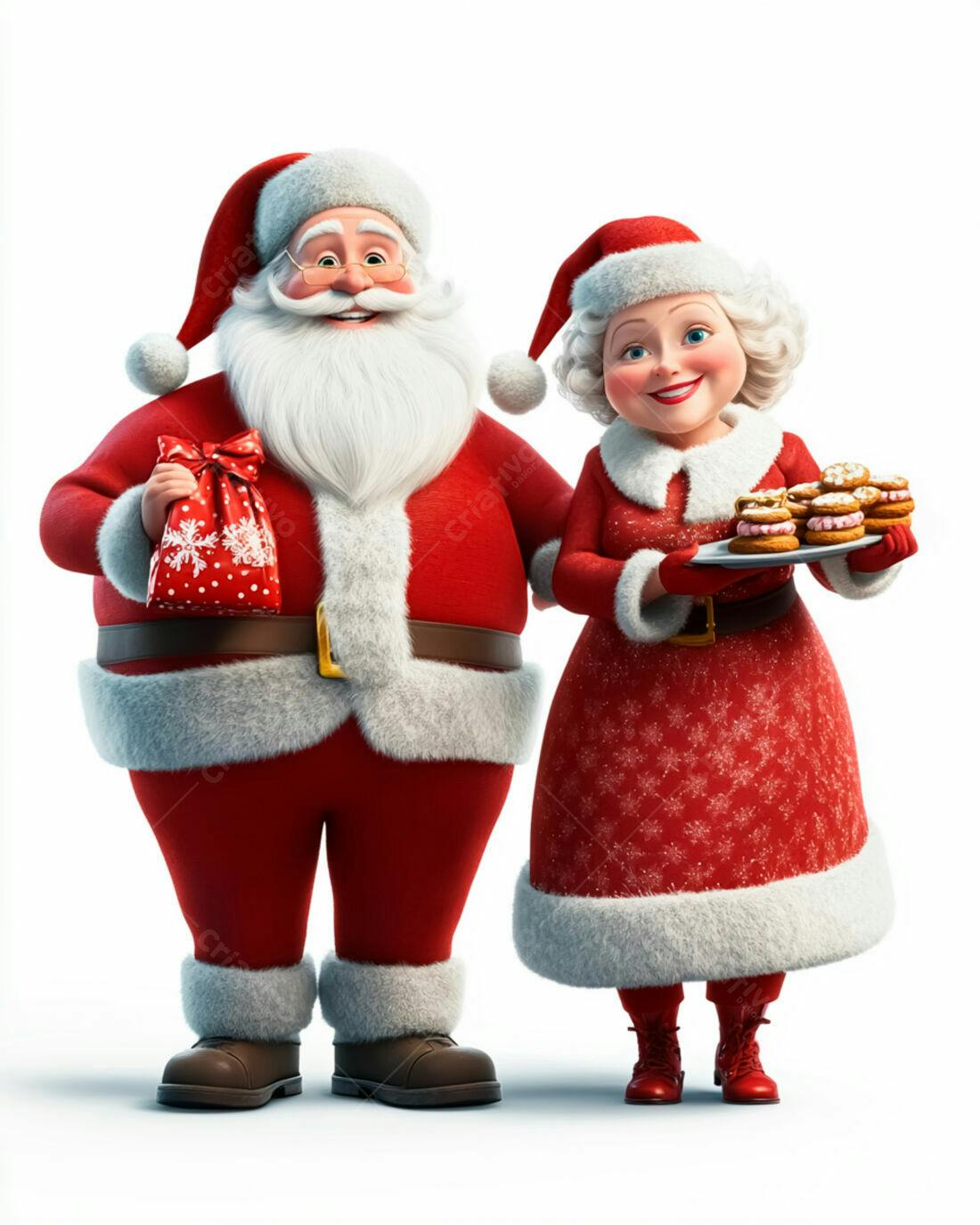 Papai Noel e Mamãe Noel com presentes e biscoitos