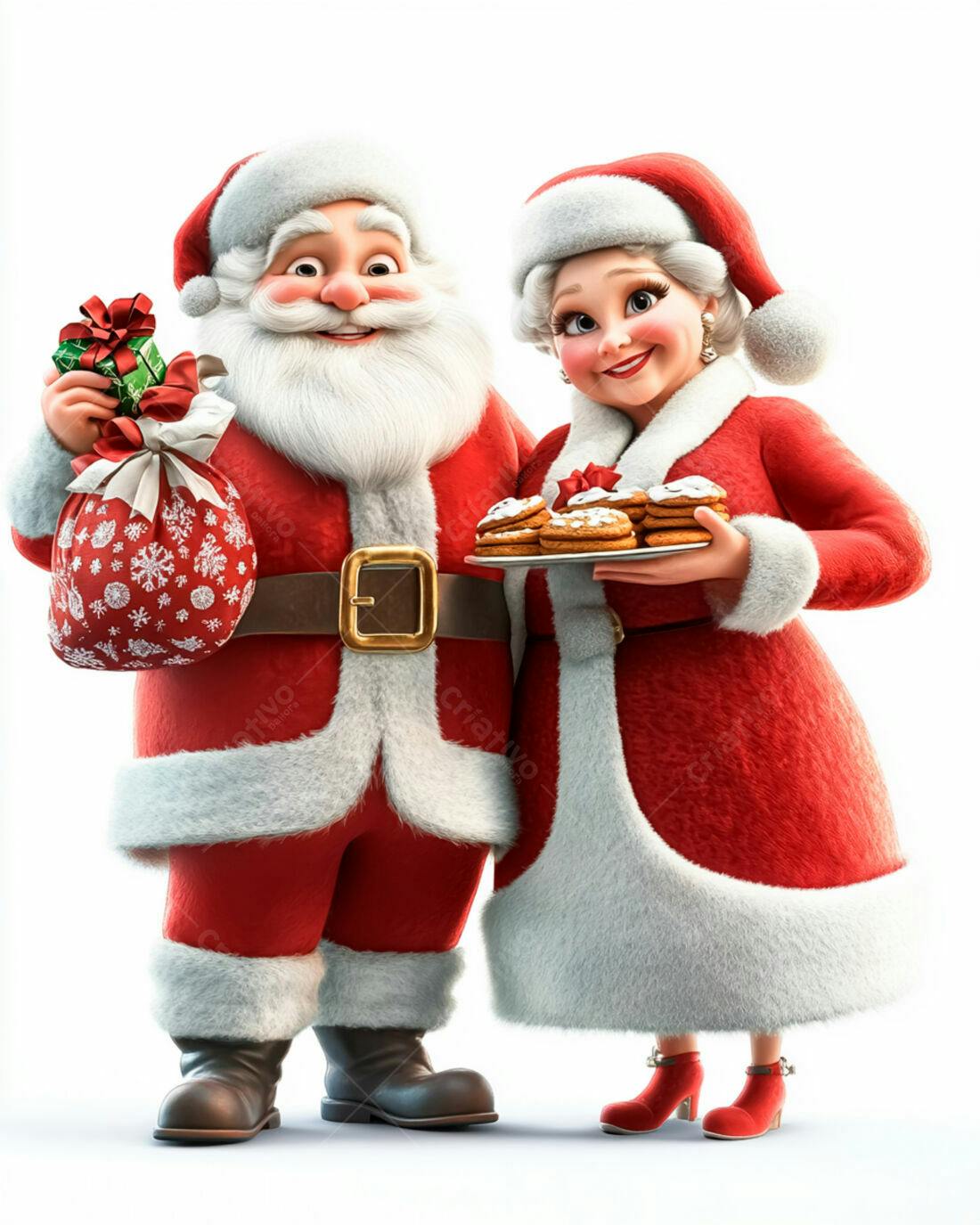 Papai Noel e Mamãe Noel com presentes e biscoitos