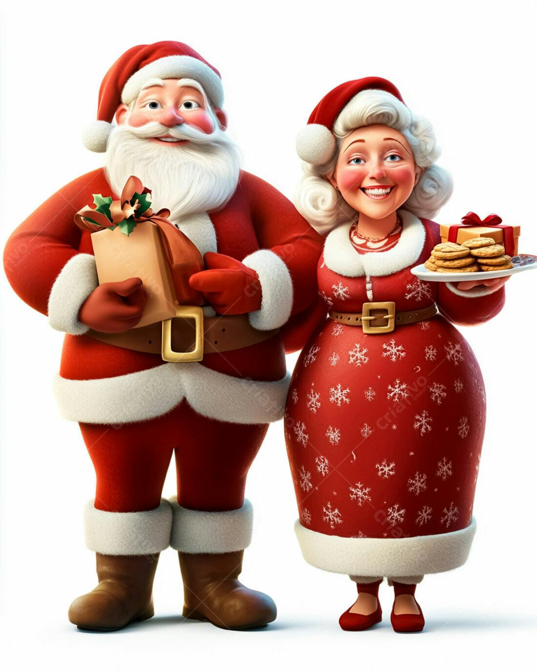 Papai e Mamãe Noel com presentes e biscoitos