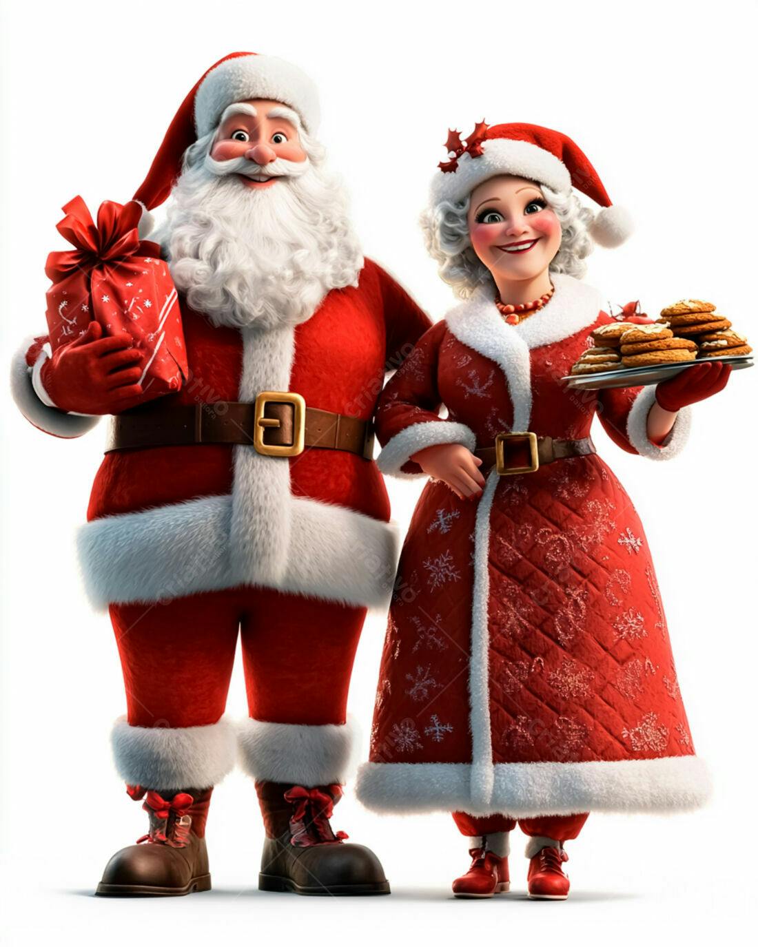 Papai Noel e Mamãe Noel com presente e biscoitos
