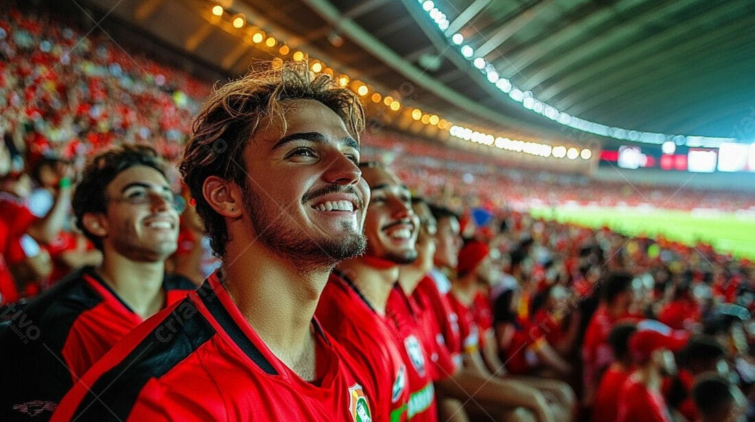 Torcedores felizes em jogo de futebol noturno