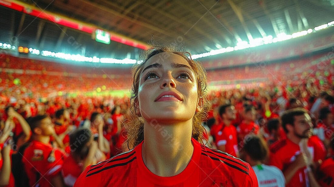 Torcedora admirada em estádio lotado