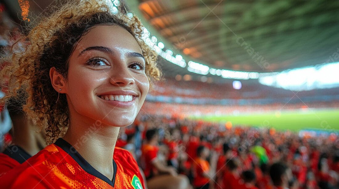 Mulher sorrindo em estádio de futebol