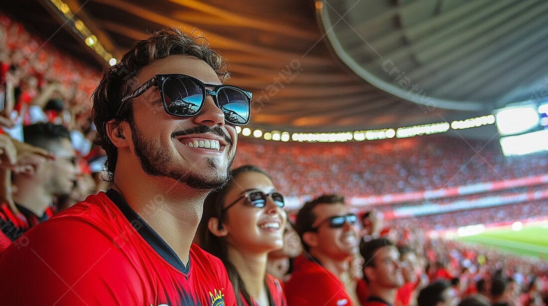 Torcedor feliz em estádio de futebol
