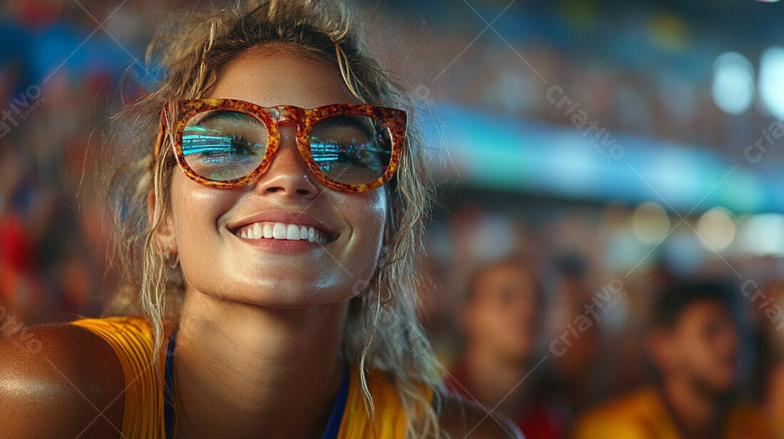 Mulher sorrindo em evento esportivo noturno