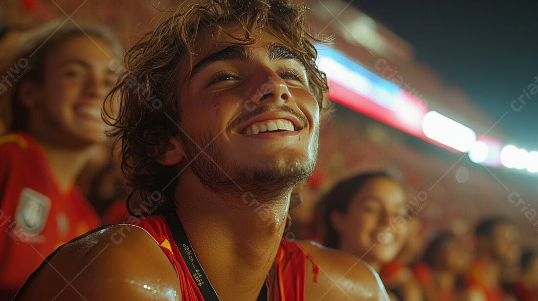 Homem sorrindo em jogo de futebol noturno