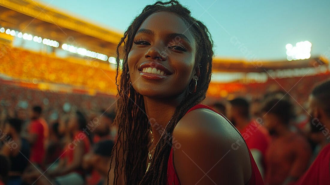 Mulher negra sorrindo em estádio